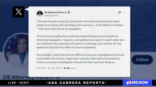 MS NOW: DoJ Closes Criminal Probe into Fed Chair Jerome Powell