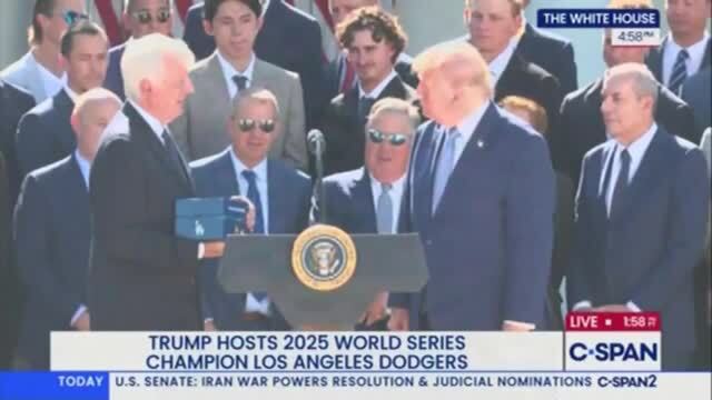 Trump Quips, ‘Do I Have to Report This?’ After Receiving an Honorary L.A. Dodgers Championship Ring